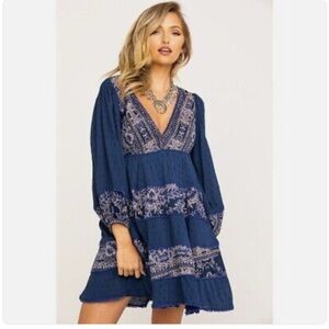 Free People My Love Mini Boho 3/4 blouson sleeve, Indigo Blue, Pompom trim Dress